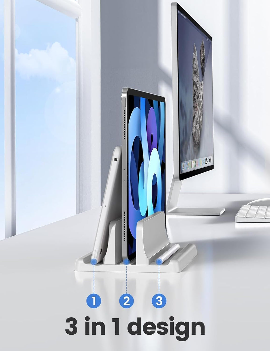 Vaydeer Vertical Laptop Stand Holder Plastic Adjustable Desktop Notebook Dock Space-Saving 3 in 1 for All Macbook Pro Air, Mac, HP, Dell, Microsoft Surface, Lenovo, up to 17.3 Inches (White)