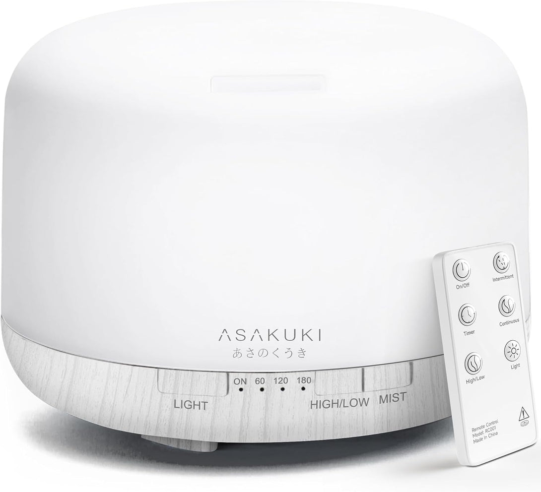 ASAKUKI 500Ml Premium Essential Oil Diffuser with Remote Control, 5 in 1 Ultrasonic Aromatherapy Fragrant Oil Humidifier Vaporizer, Timer and Auto-Off Switch (White)