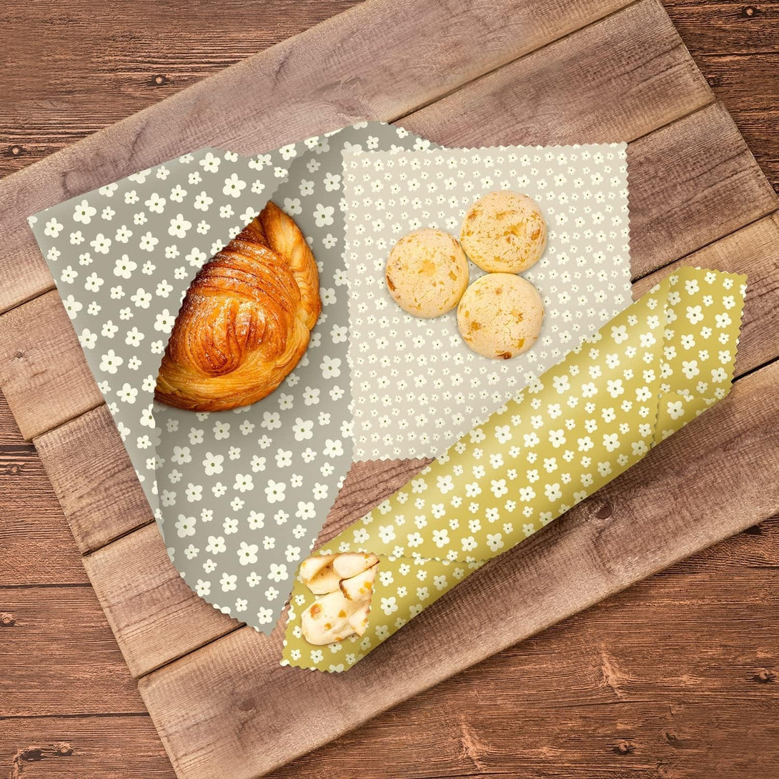 Akeeko Reusable Beeswax Food Wraps - Assorted 3 Packs, Reusable, Plastic-Free Food Storage, 1 Small, 1 Medium, 1 Large Wraps, Dusty Yellow Pattern