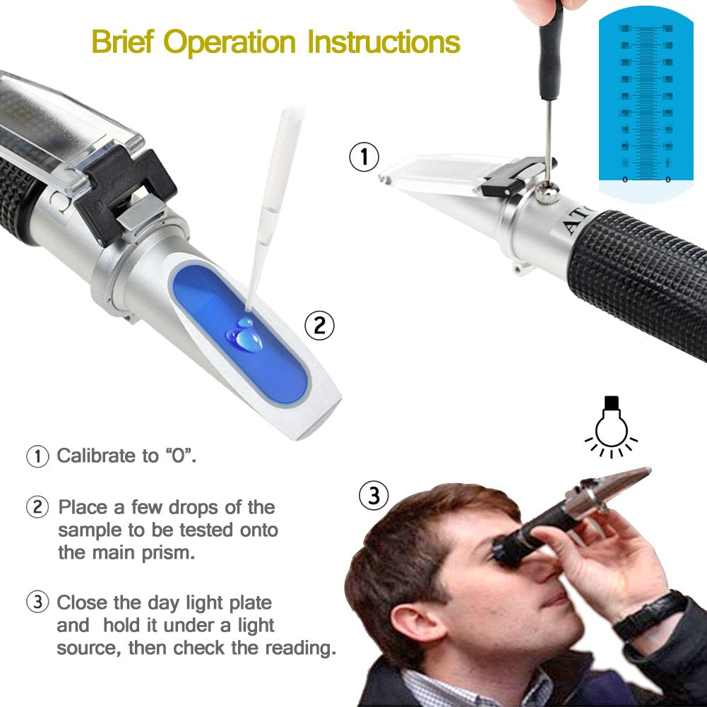 Brix Refractometer with ATC, Dual Scale - Specific Gravity & Brix, Hydrometer in Wine Making and Beer Brewing, Homebrew Kit