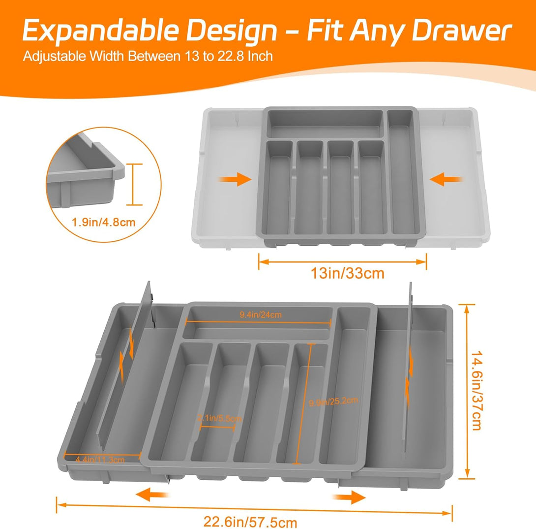 Idavosic.Ly Silverware Drawer Organizer, Expandable Utensil Tray for Kitchen Drawers, Adjustable Plastic Cutlery Flatware Holder for Knife Fork Spoon with 8-10 Compartments (Large, Gray)