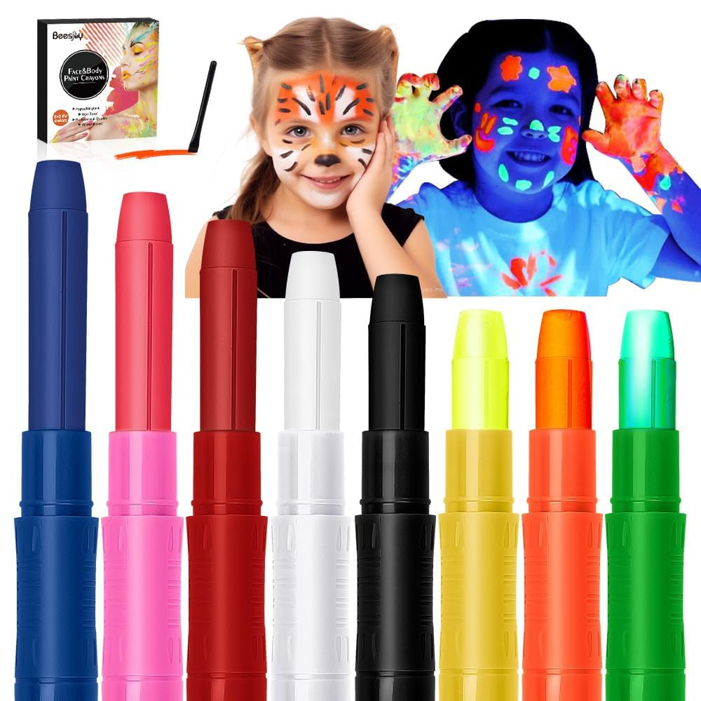 8 Color Face Painting Kits for Kids, Beesjuy Water Based Face Paint Kit, Makeup Kit Plant Ingredients Face Crayons, Painting Party for Adults&Kids (3 Neon)