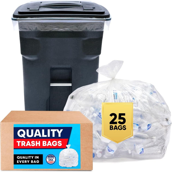 95 Gallon Trash Bags Clear (Huge 25 Count W/Ties) 95-96 Gallon Extra Large Trash Bags, Clear Recycling Trash Bags, 90 Gallon