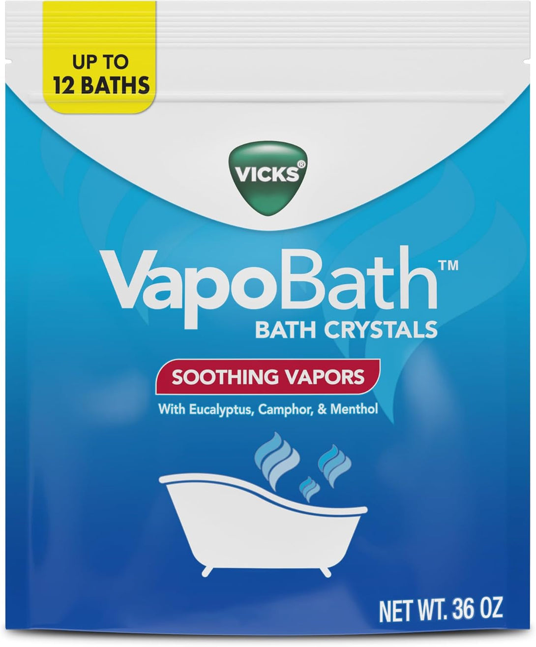 Vicks Vapobath, Bath Salts, Bath Bomb, Non-Medicated Bath Crystals, Comforting Vicks Vapors, Vapor Bath, Aromatherapy with Eucalyptus and Menthol Scent, Contains Essential Oils, 36 OZ