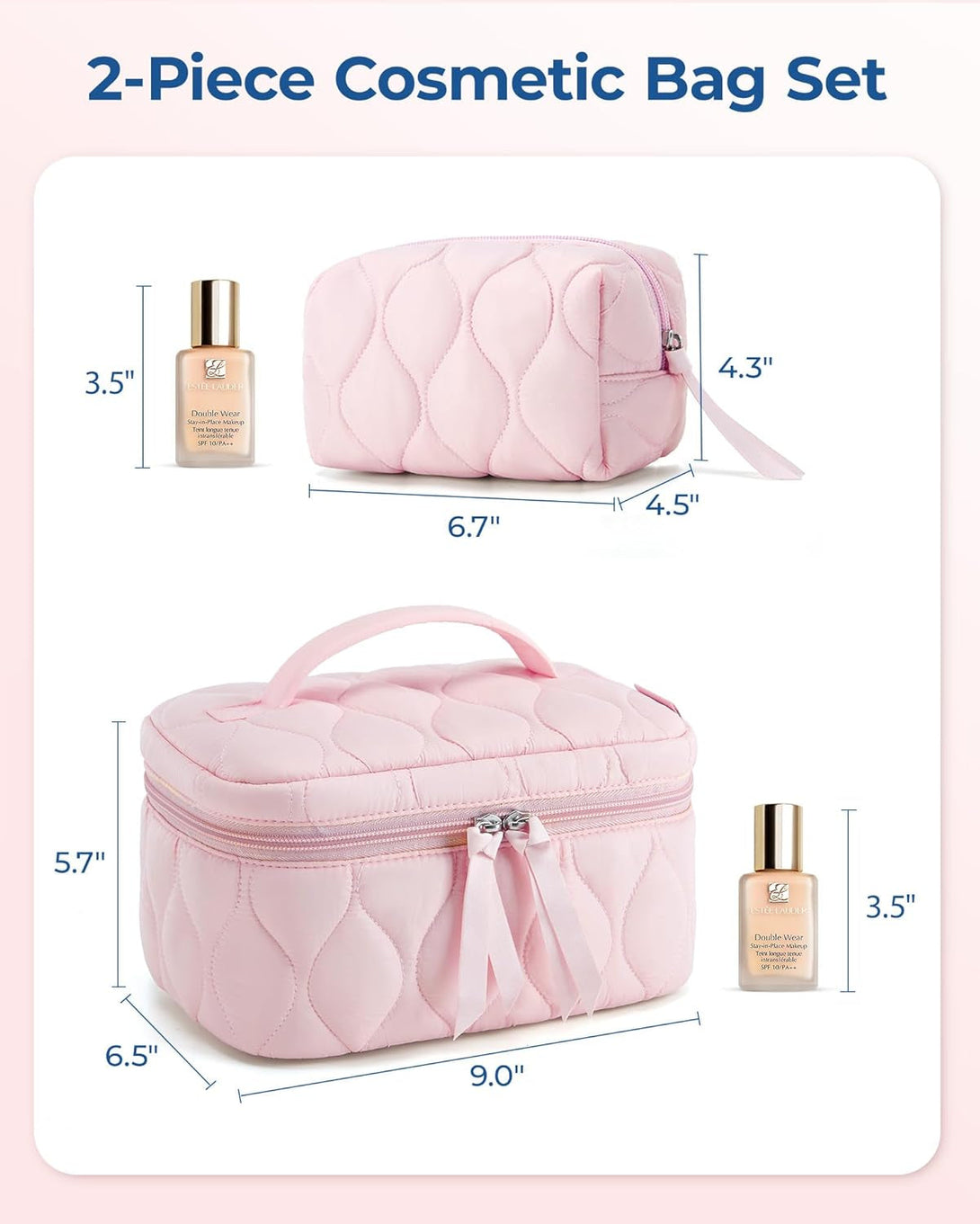 BAGSMART Travel Makeup Bag, 2-Piece Puffy Quilted Cute Make up Bag Cosmetic Bags for Women, Large Wide-Open Toiletry Pouch Gifts for Toiletries Accessories Travelling Essentials, Pink