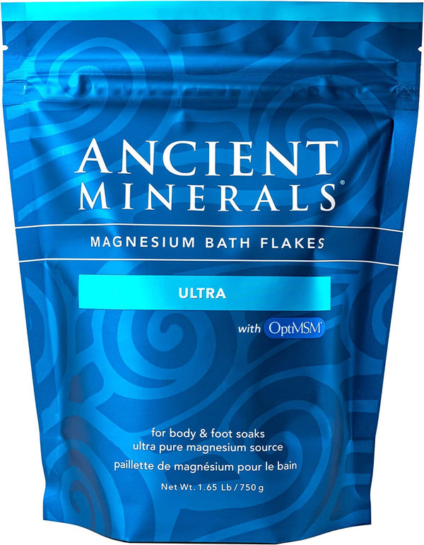 Ancient Minerals Magnesium Bath Flakes Ultra with Optimsm - Resealable Magnesium Bag of Zechstein Chloride Alternative to Epsom Bath Salt (1.65 Lb)