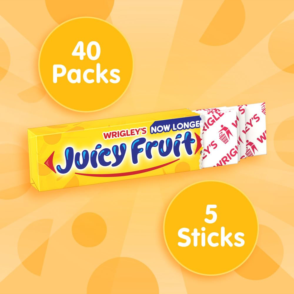 JUICY FRUIT Original Bubble Gum Chewing Gum Bulk Pack, 5 Stick (Pack of 40)