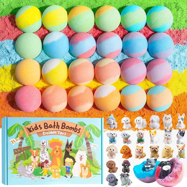 24 Pack Puppy Bath Bombs for Kids â€“ Each with Surprise Puppy Figurine Inside, 12 Unique Scents, Bath Bombs with Toys, Gentle on Skin, Birthday Party Favors & Summer Gifts for Boys and Girls