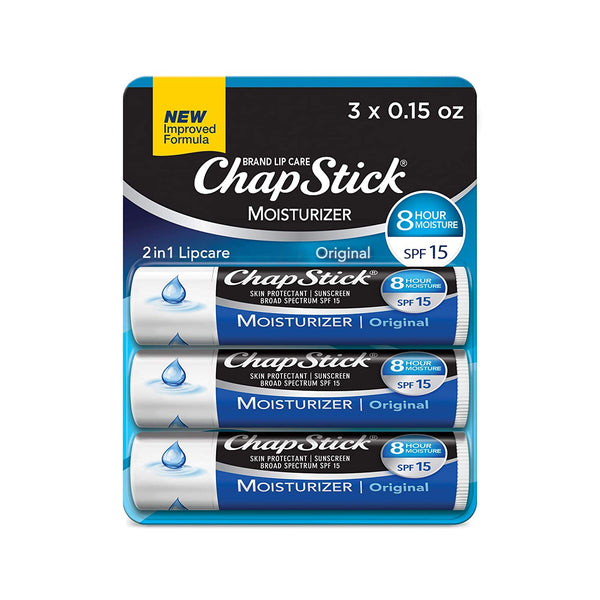 Chapstick Moisturizer Original Lip Balm Tubes, SPF 15 and Skin Protectant - 0.15 Oz (Pack of 3)