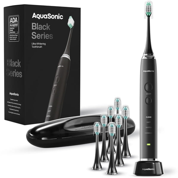 Aquasonic Black Series Ultra Whitening Toothbrush â€“ ADA Accepted Electric Toothbrush- 8 Brush Heads & Travel Case â€“ 40,000 VPM Electric Motor & Wireless Charging - 4 Modes W Smart Timer