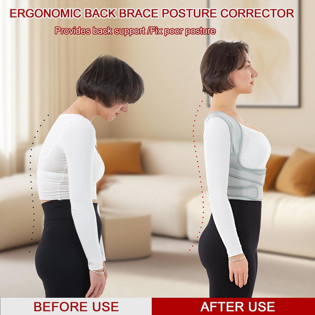 Back Brace Posture Corrector for Women and Men with Detachable Heating Pad - Adjustable Posture Corrector Belt, Relieve Pain in Upper and Lower Back, Waist, and Shoulders (Gray, Medium)