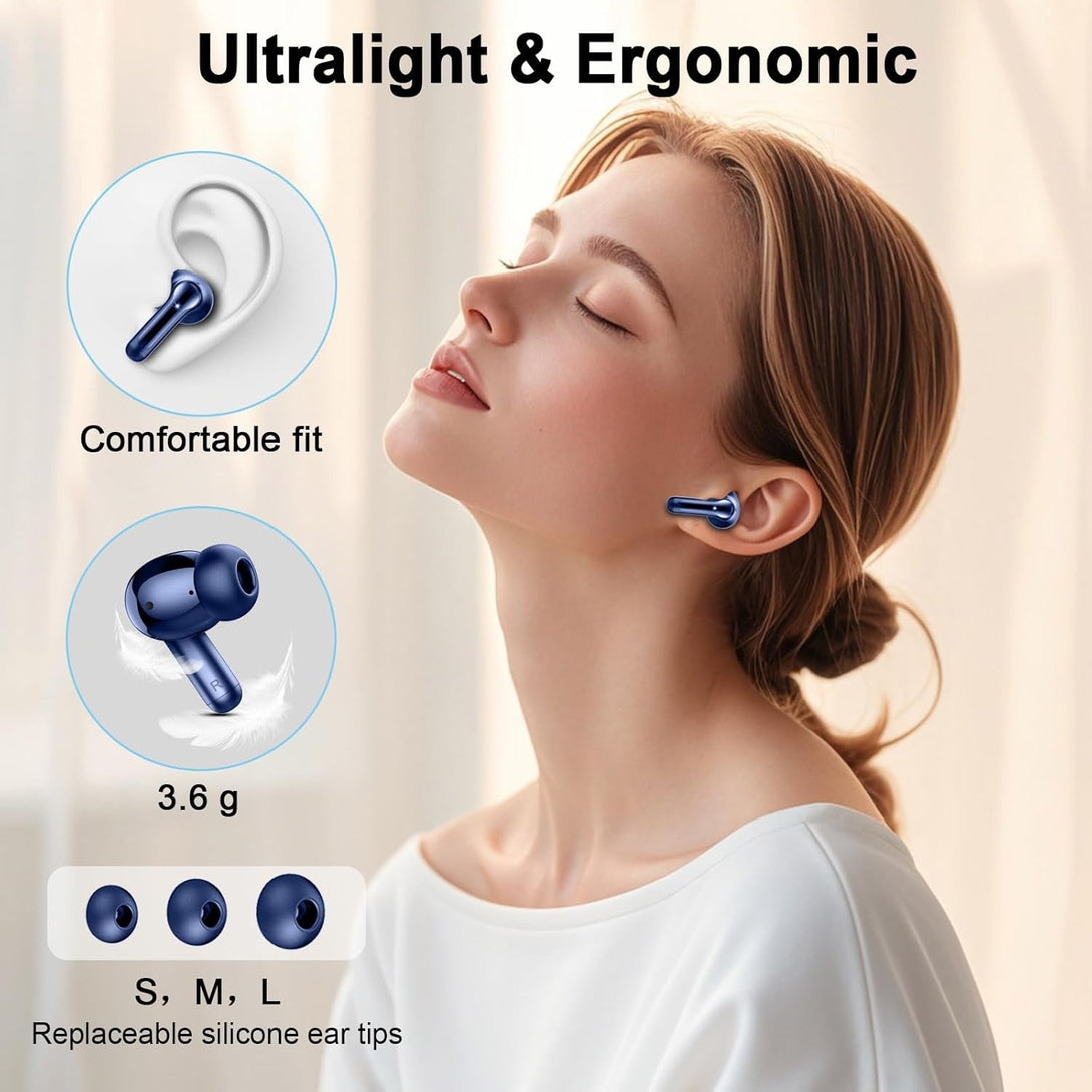 Wireless Earbuds Bluetooth 5.4 Headphones, 2025 Hi-Fi Stereo Bass Ear Buds, 4 ENC Noise Cancelling Mic 36Hrs USB-C In-Ear Earphones IP7 Waterproof Sport Workout for Laptop Pad Android Ios Phone, Blue