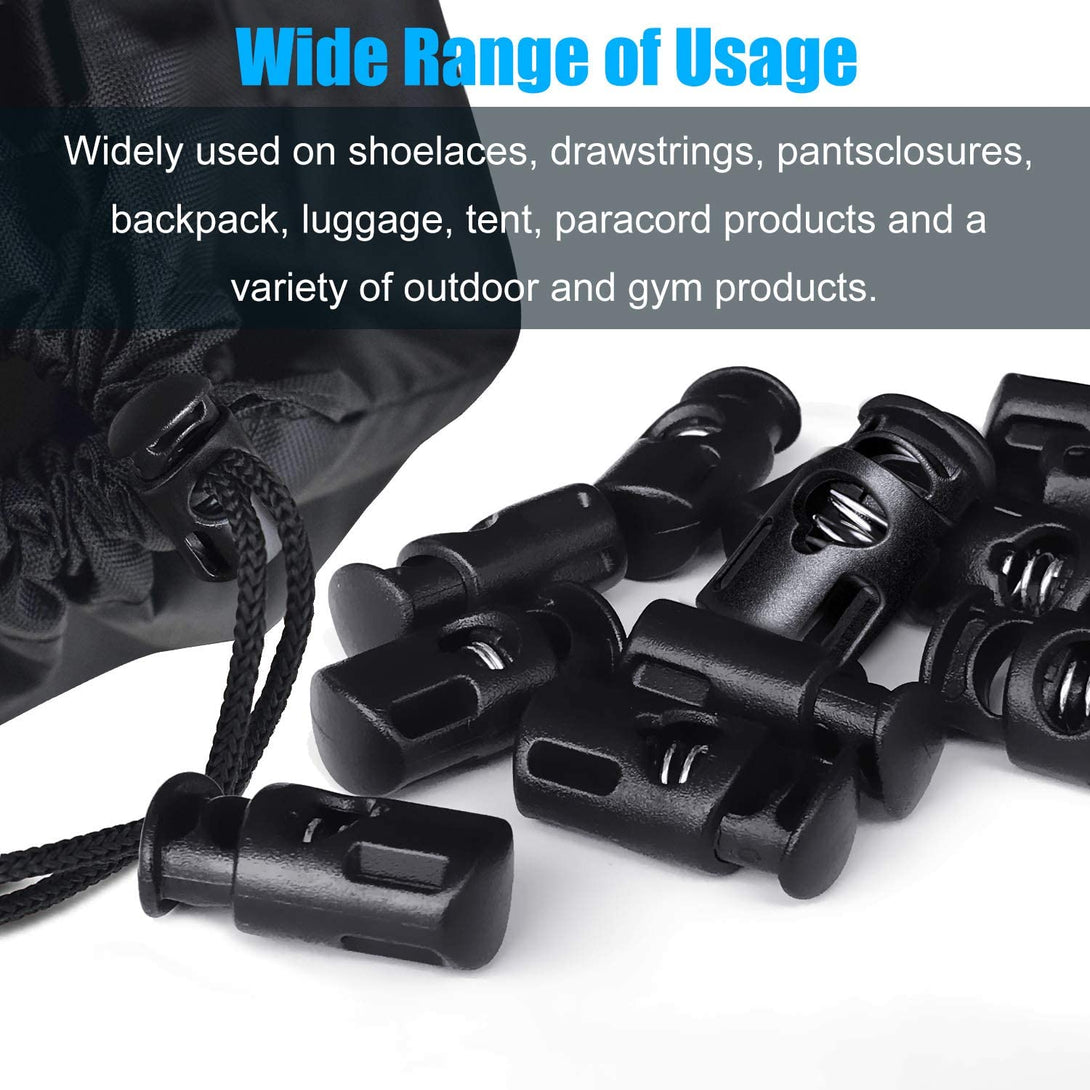 Plastic Cord Locks Single Hole Spring Toggle Stopper Cord Stops Fastener Toggles for Shoelaces, Drawstrings, Paracord, Bags, Clothing, and More (10Pcs, Black)