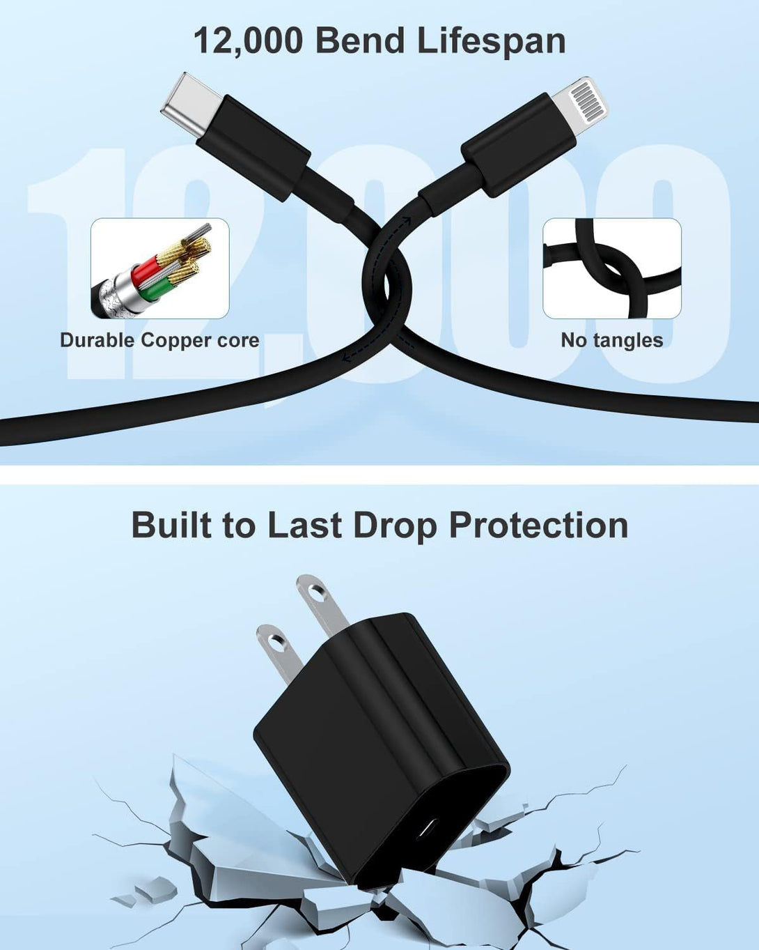 Iphone 14 13 12 Charger Fast Charging, 2 Pack 20W Fast PD USB C Wall Charger Adapter with 3Pack 6Ft USB C to Lightning Cable (Mfi Certified) for 14/14 Plus/14 Pro/14 Pro Max/13/ Black