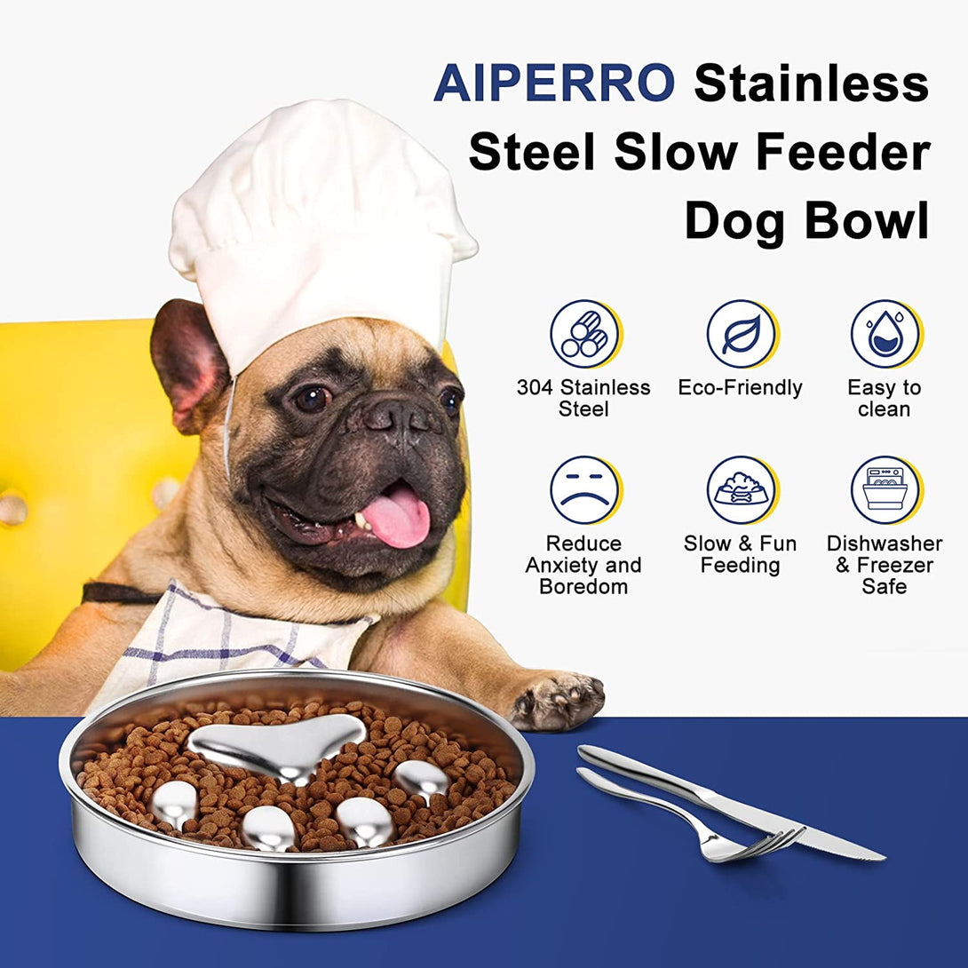 Slow Feeder Dog Bowls 304 Stainless Steel, 2 Cups Metal Food Bowls, Water Bowl for Small & Medium Sized Dogs, Fun Bloat Stop Pet Fast Eaters