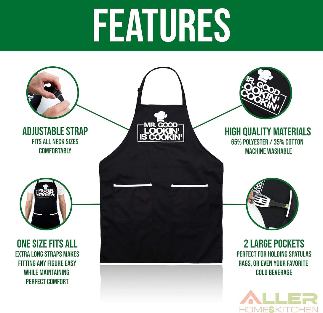 ALLER HOME&KITCHEN Funny Apron for Men, 2 Large Pockets One Size Fits All Chef Apron for Grilling, Cooking, BBQ Accessories