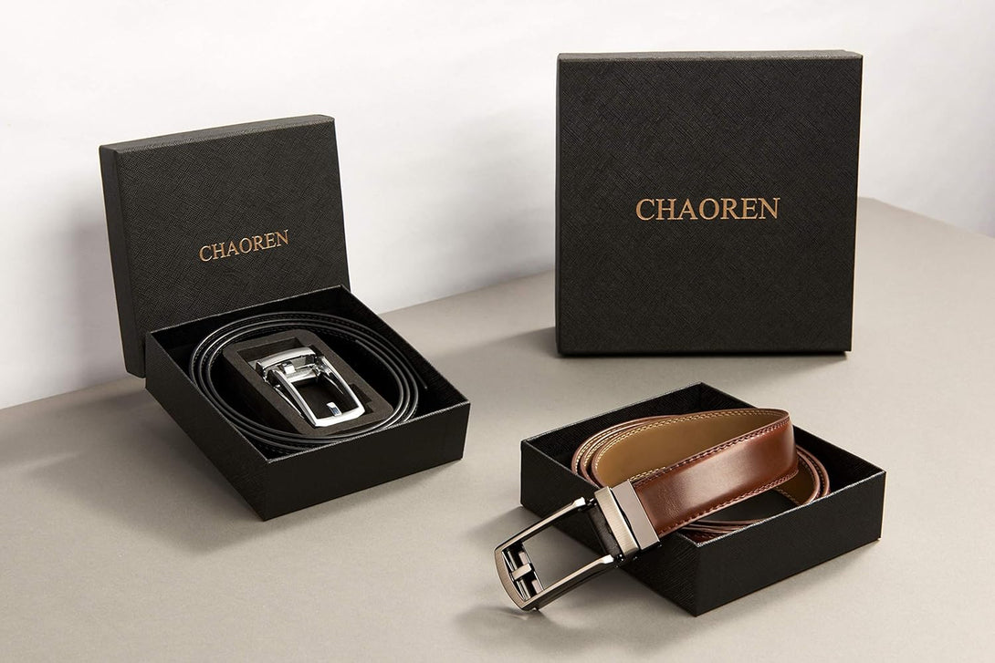 CHAOREN Click Belt for Men 2 Pack - Mens Dress Belt 1 1/4" in Packing Box - Design Belt Meet Almost Any Occasion and Outfit