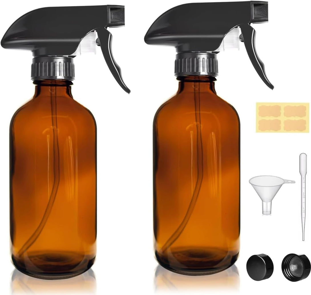 8Oz Amber Glass Spray Bottles - 2 Pack Empty Refillable Bottles for Cleaning, Hair Care, Essential Oils, Plants - Includes Durable Nozzle, Labels, Funnel & Dropper, Handheld Size