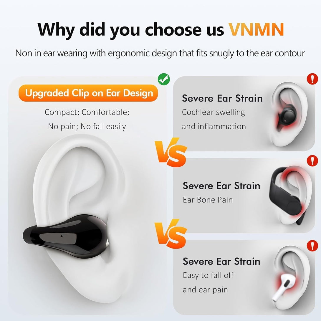 Open Ear Earbuds Wireless Bluetooth 5.3 Earphones, Flexible Clip on Ear Buds with 36H Playtime LED Display Bone Conduction Headphones, IPX7 Waterproof Light Weight Fit for Every Ear, Sport, Workout