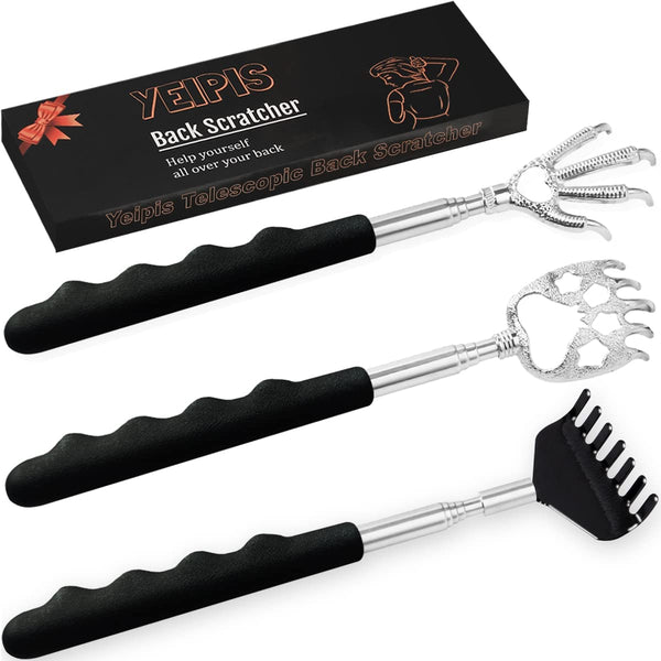 3 Pack Back Scratcher Metal Portable Telescoping Back Scratchers with Rubber Handles, Extendable Back Massager Tool with Beautiful Box, Gifts for Men Women Kids Adults