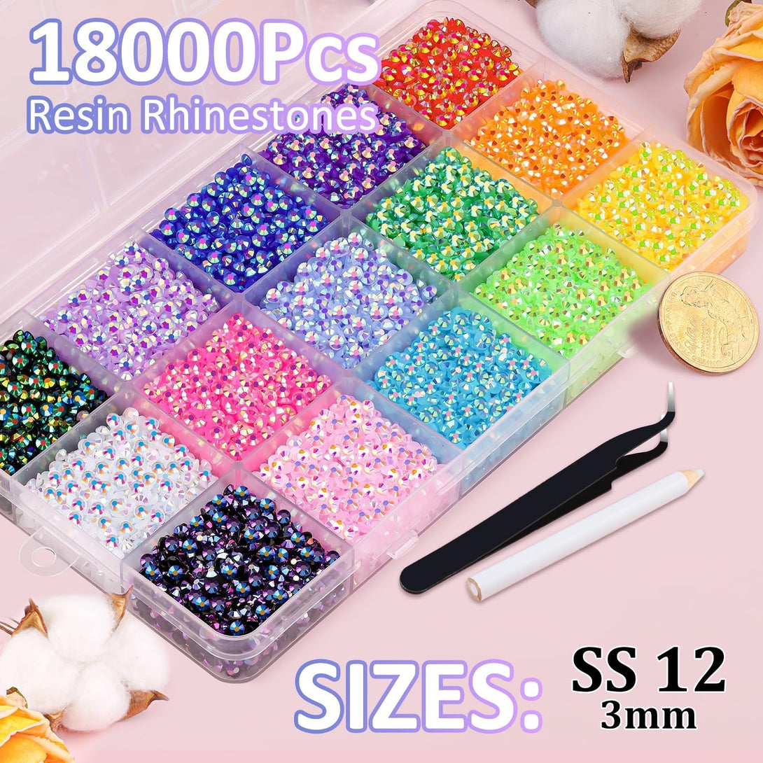 18000Pcs Resin Jelly Rhinestones for Crafting, Multicolor 3Mm Flatback Rainbow Gems, Bedazzling Crystal with 3Pcs 10Ml B7000 Jewelry Glue for DIY Crafts Clothing Shoes Nail Art