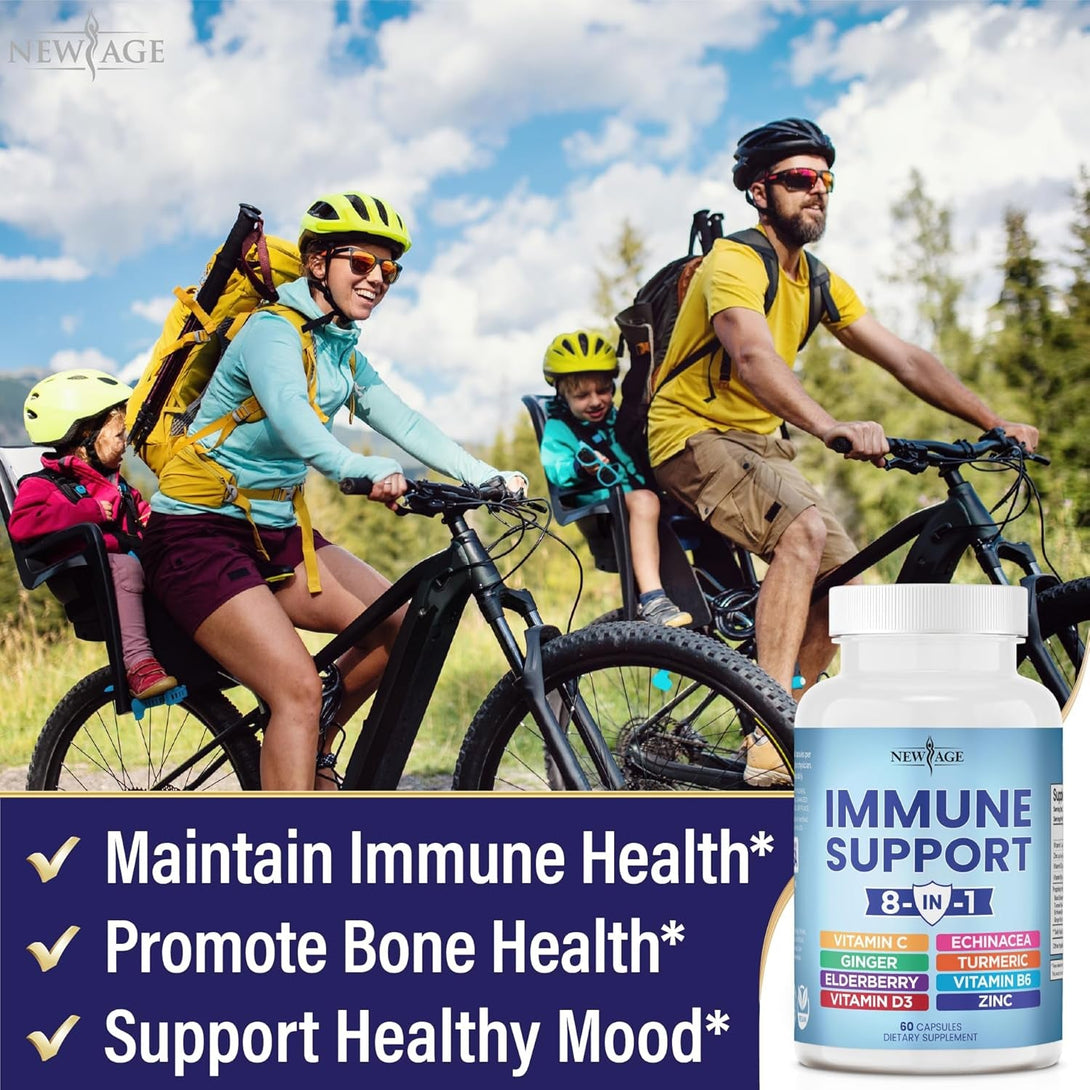 NEW AGE 8 in 1 Immune Support Booster Supplement with Echinacea, Vitamin C and Zinc 50Mg, Vitamin D 5000 IU, Turmeric Curcumin & Ginger, B6, Elderberry 120 Count (Pack of 2)
