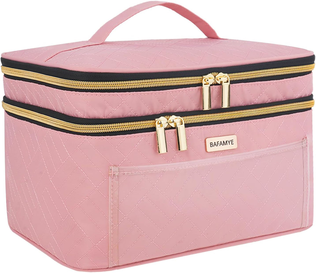 8.8L Double Layer Travel Makeup Bag Women, Large Cosmetic Case, Organizer for Travel-Size Accessories Bottles, Brushes, and Skin Care Products, Pink 2.33 GAL