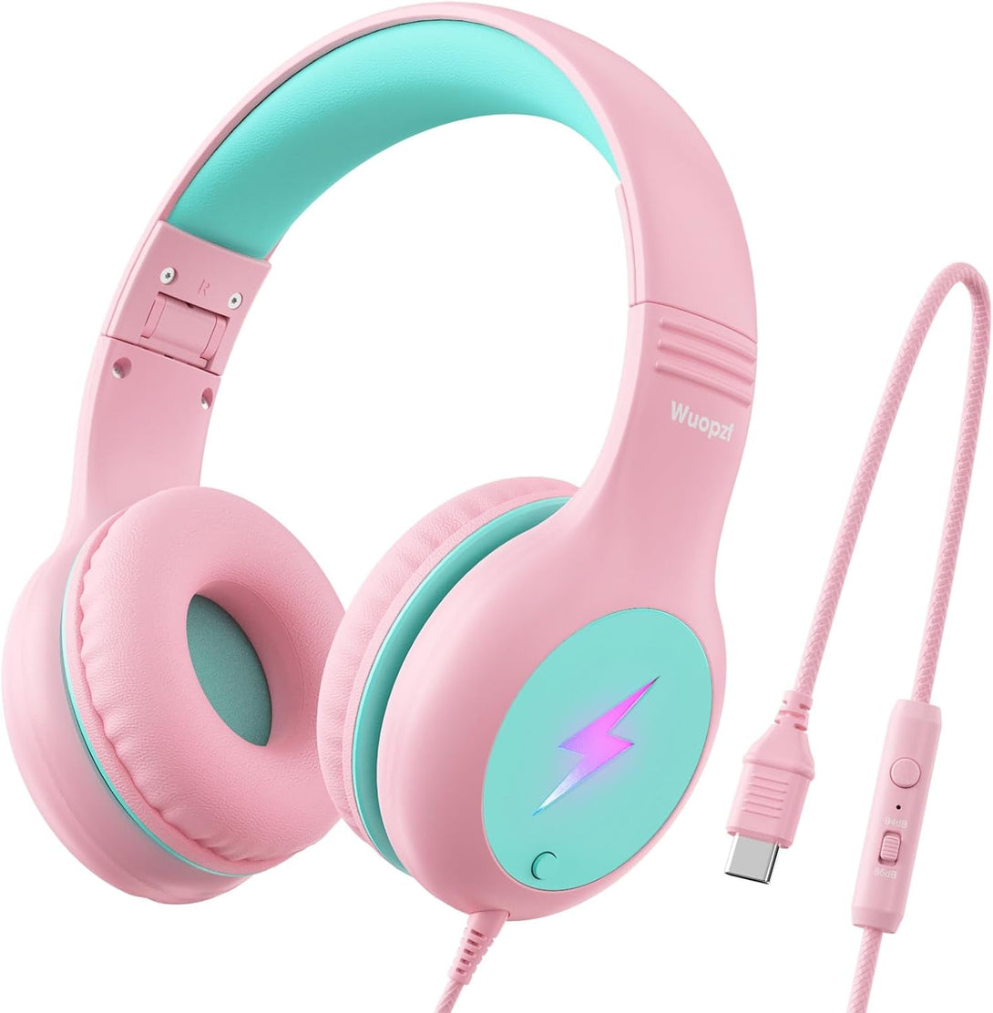 Kids USB C Headphones for School, 2025 Upgrade Safe Listening Wired Over-Ear Headphones with LED Lights, Volume Limiter & Microphone, Foldable Design for Iphone 16, Ipad, Tablet Learning