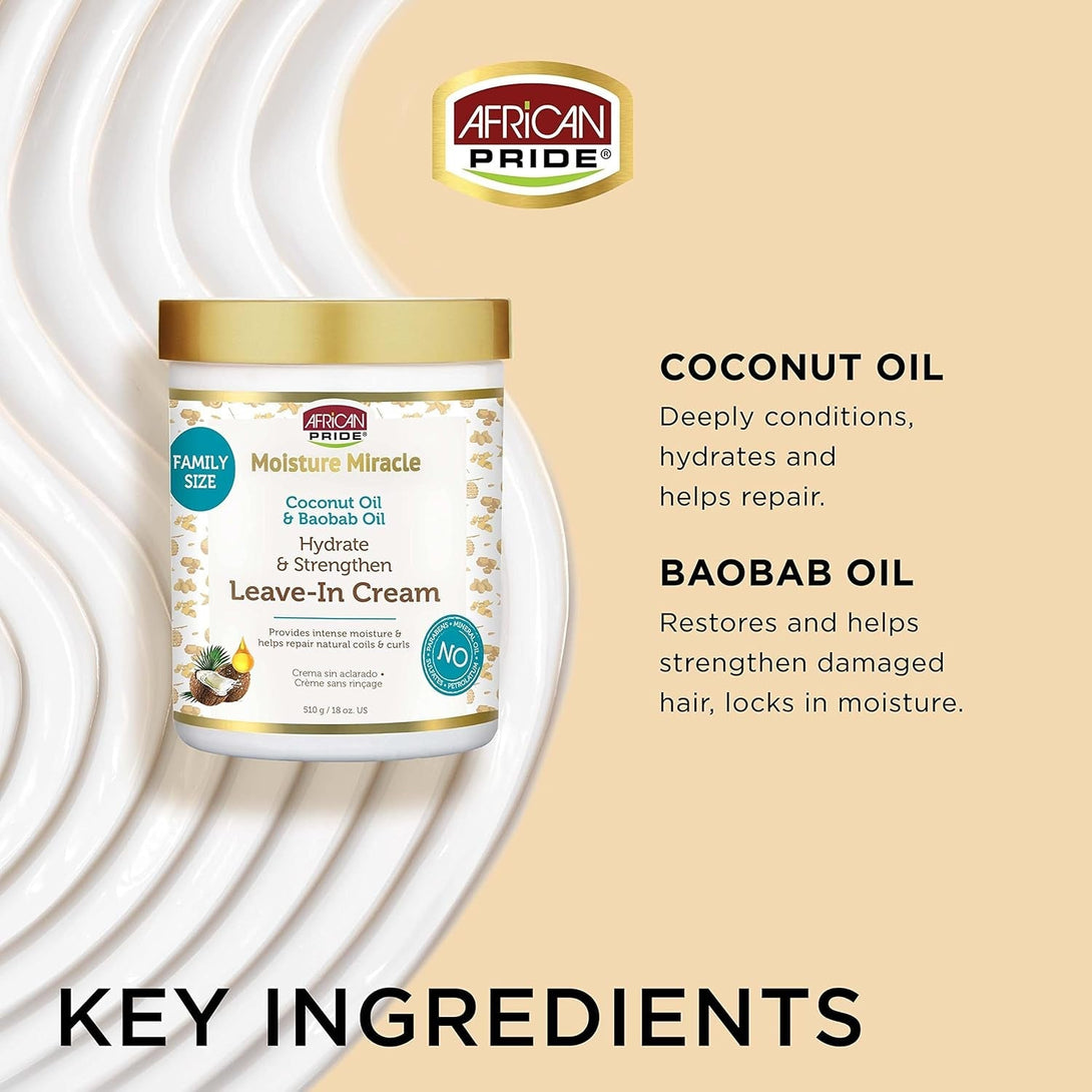 African Pride Moisture Miracle Coconut Oil & Baobab Oil Leave-In Hair Cream - Provides Intense Moisture & Helps Repair Natural Coils & Curls, Hydrates & Strengthens, 18 Oz