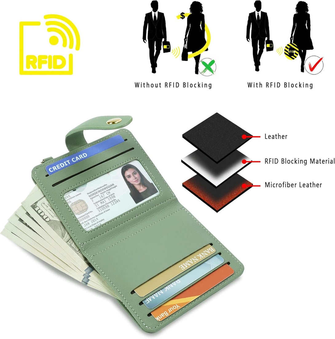 Small Wallets Woman RFID Blocking Leather Credit Card Holder - with ID Window - Card Wallets for Women - with Zipper Coin Purse - Keychain Wallet