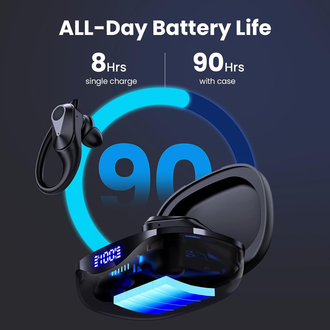 Wireless Earbuds, 90H Playtime Bluetooth Headphones, over Ear Buds with LED Display, Stereo Bass Earphones, Wireless Charging Case, IPX7 Waterproof Sport Headset for Workout (Black)