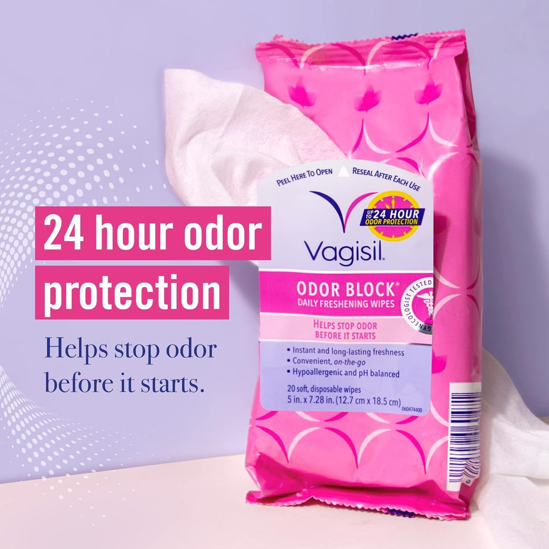 Vagisil Odor Block Daily Freshening Wipes for Feminine Hygiene in Resealable Pouch, Gynecologist Tested & Hypoallergenic, 20 Wipes (Pack of 1)