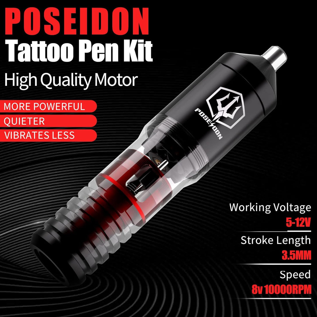 Tattoo Pen Kit - POSEIDON Wireless Tattoo Machine Kit, Tattoo Gun Kit with Tattoo Power Supply and 40 Pcs Tattoo Cartridge Needles, Complete Tattoo Kit Tattoo Supplies for Beginners(Ptk018)