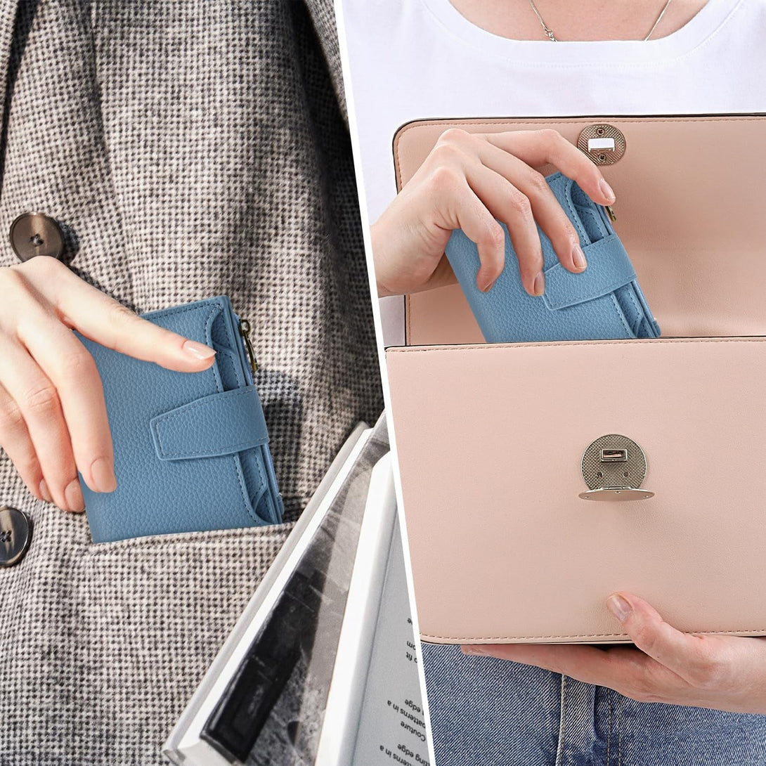 Small Wallet Women RFID Blocking Soft Leather Bifold Compact Card Holder Wallet for Women with Zipper Coin Pocket 4 ID Window