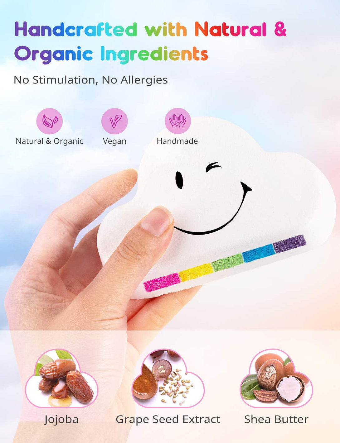 Cloud Rainbow Bath Bombs for Kids Girls, 3 XXXL Handmade Bath Bombs (6 Oz Each), Natural & Organic Kids Bath Bombs with Surprise Colors Inside, Perfect Birthday Gifts for Women