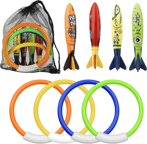 8 Packs Pool Toys, Pool Toys for Kids Ages 4-6-8-10-12, Shark Underwater Training Pool Diving Rings Swimming Pool Toys with Dive Rings Torpedo for Kids Gifts Toddler Summer Swim Water Fun Pool Games