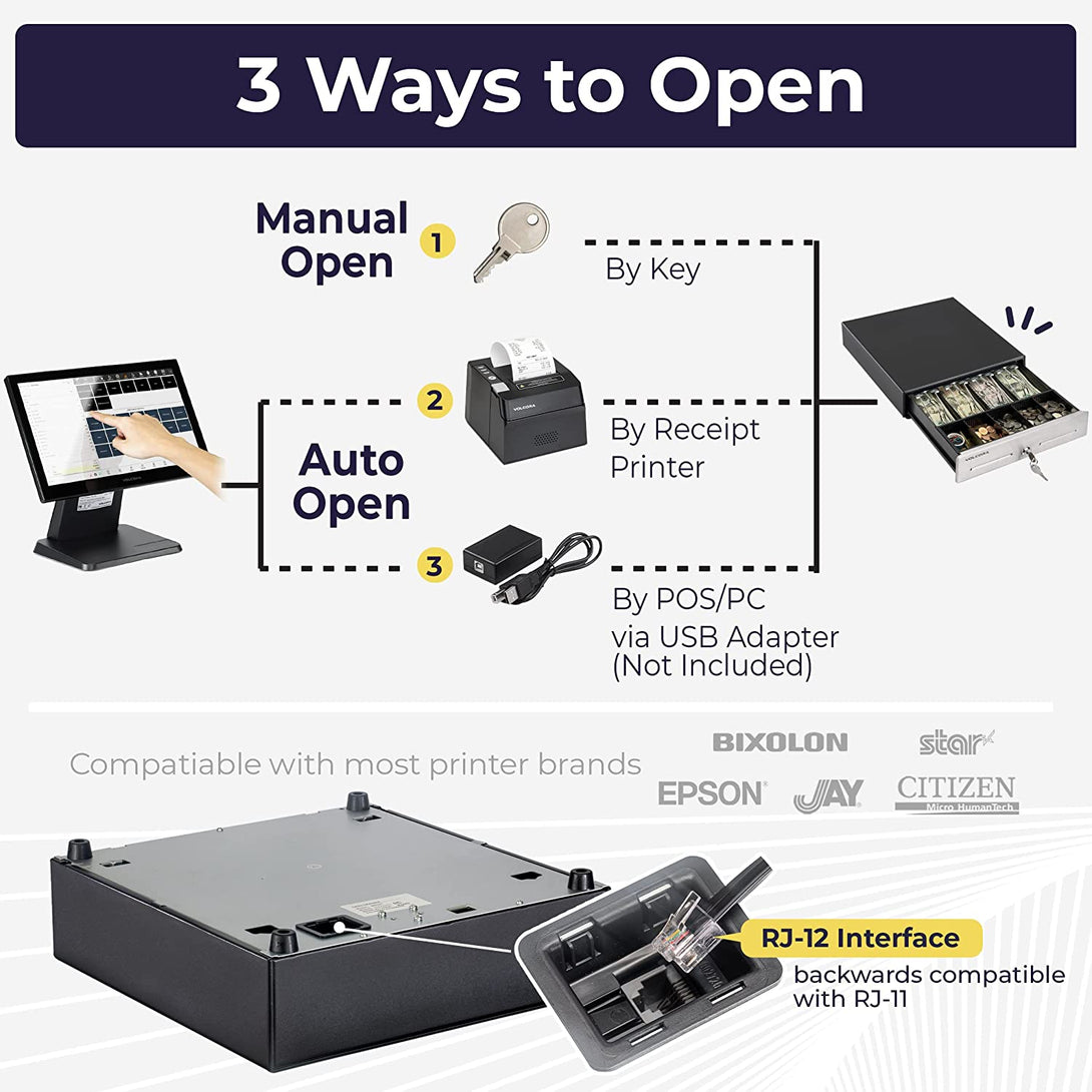 Volcora 13" Cash Register Drawer for Point of Sale (POS) System, 4 Bill 5 Coin Cash Tray, Black and Stainless Steel Front Cash Drawers, Removable Coin Compartment, 24V, RJ11/RJ12 Key-Lock, Media Slot