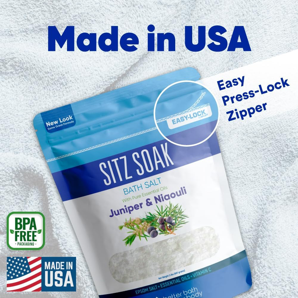 Sitz Bath Soak 2-Lbs Sitz Salt Epsom Salt Hemorrhoid Soothing with Pure Essential Oils in BPA Free Pouch with Press-Lock Seal Made in USA
