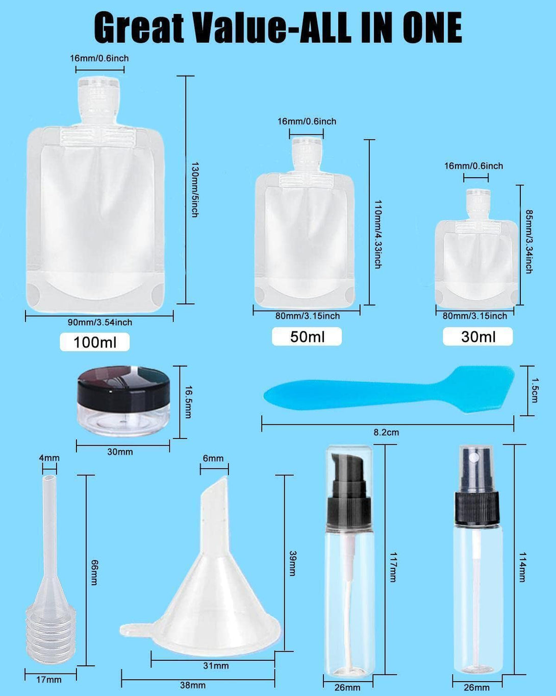 17 Pack Travel Pouches for Toiletries,Tsa Approved,Travel Size Portable Containers,Stand up Pouch,Refillable Travel Accessories for Shampoo Conditioner Lotion Soap Liquids (A-17Pcs)