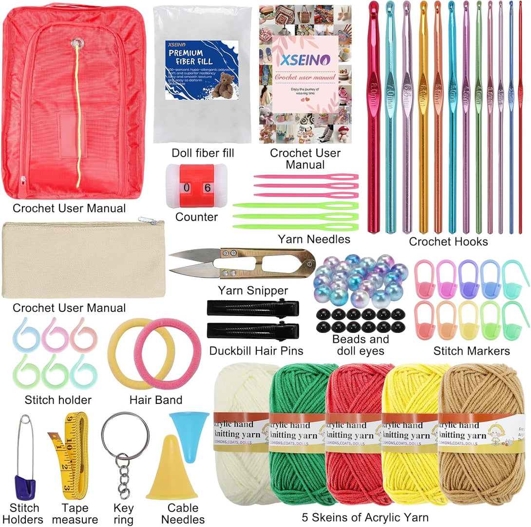 XSEINO Crochet Kit with Crochet Hooks Yarn Set - Premium Bundle Includes 5 Colors Crochet Yarn Balls, Crochet Kit, Accessories Kit, Crochet Bag and Lot More - Starter Pack for Beginners