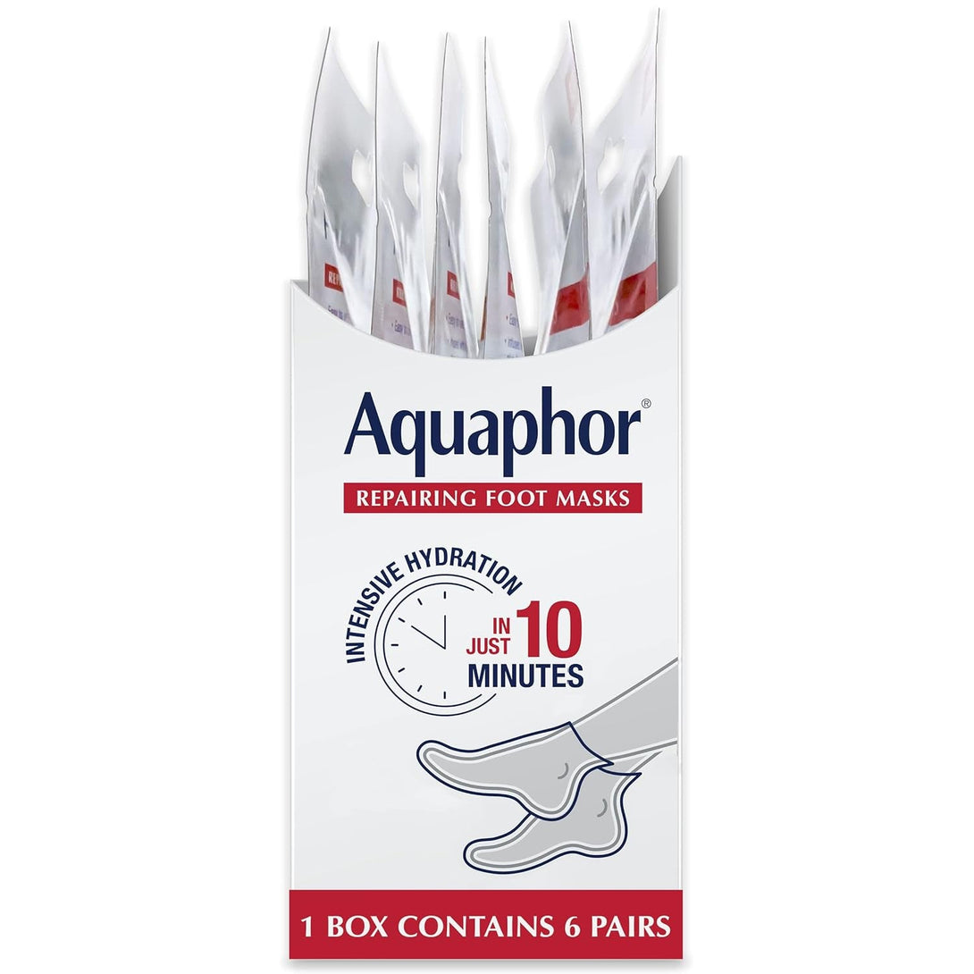 Aquaphor Repairing Foot Masks, Moisturizing Socks for Dry Feet, Hydrating Foot Care Treatment with Avocado Oil and Shea Butter, Pack of 6
