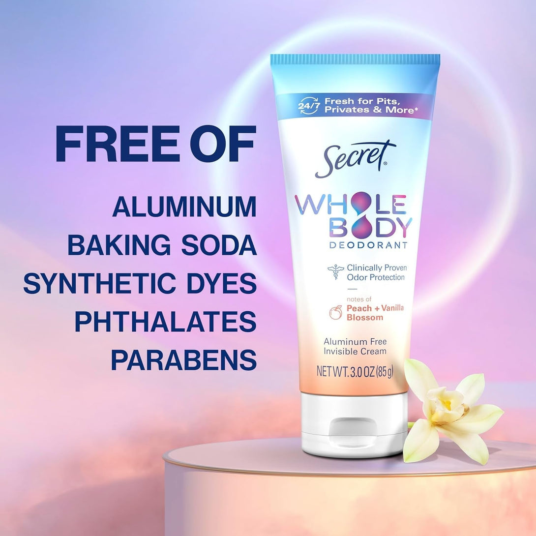Secret Whole Body Deodorant Cream for Women, Peach & Vanilla Blossom Scent, Aluminum Free Deodorant, 72 HR Odor Protection, 3.0 Oz