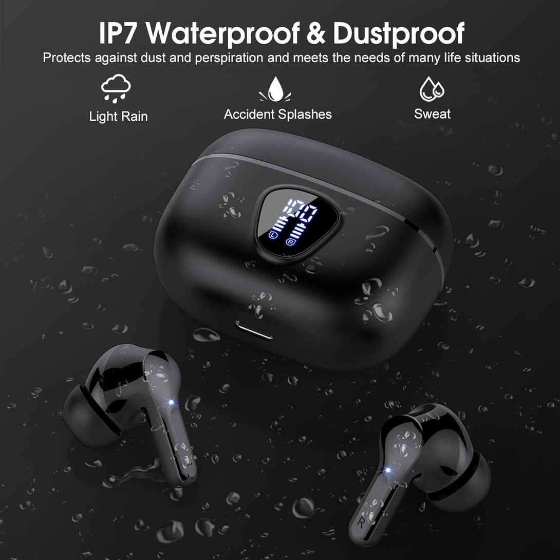 Wireless Earbuds, Bluetooth 5.4 Headphones Hifi Stereo, Bluetooth Earbuds with ENC Noise Cancelling Mic, IP7 Waterproof in Ear Earphones, 48H, LED Display Ear Buds for Pad Workout Sports, Black