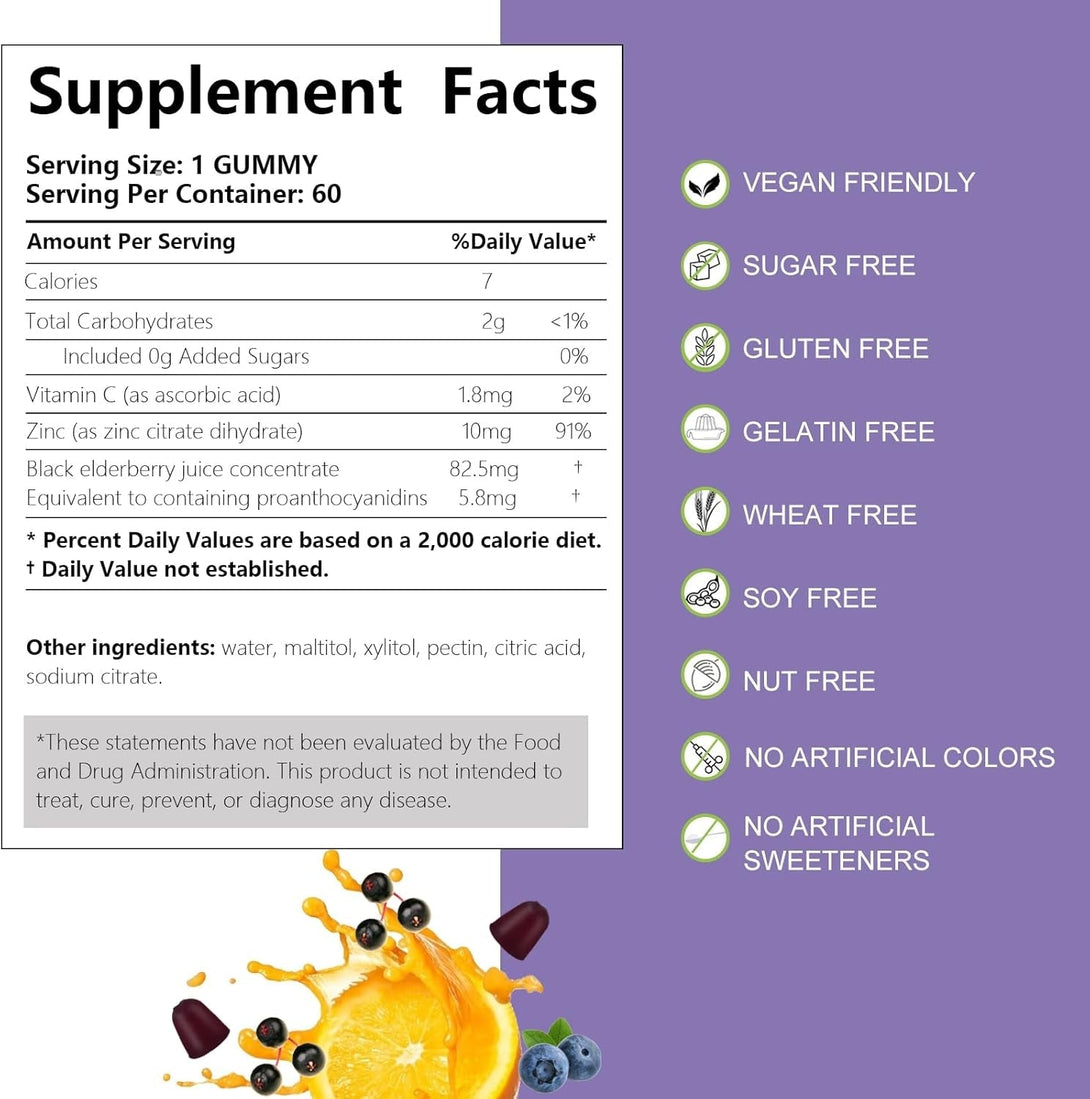 AFXMATE Sambucus Elderberry Gummies, Black Elderberry Gummy with Zinc and Vitamin C for Adults, Sugar Free Kids Multivitamin Gummies Immune Support* Supplement (2 Pack)