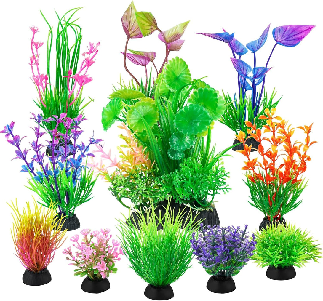 Ameliade Fish Tank Decorations Aquarium Artificial Plastic Grass Plants Decor Small Betta Goldfish Turtle Tank Accessories （11 Pieces）