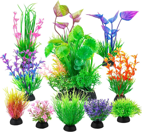Ameliade Fish Tank Decorations Aquarium Artificial Plastic Grass Plants Decor Small Betta Goldfish Turtle Tank Accessories ï¼ˆ11 Piecesï¼‰
