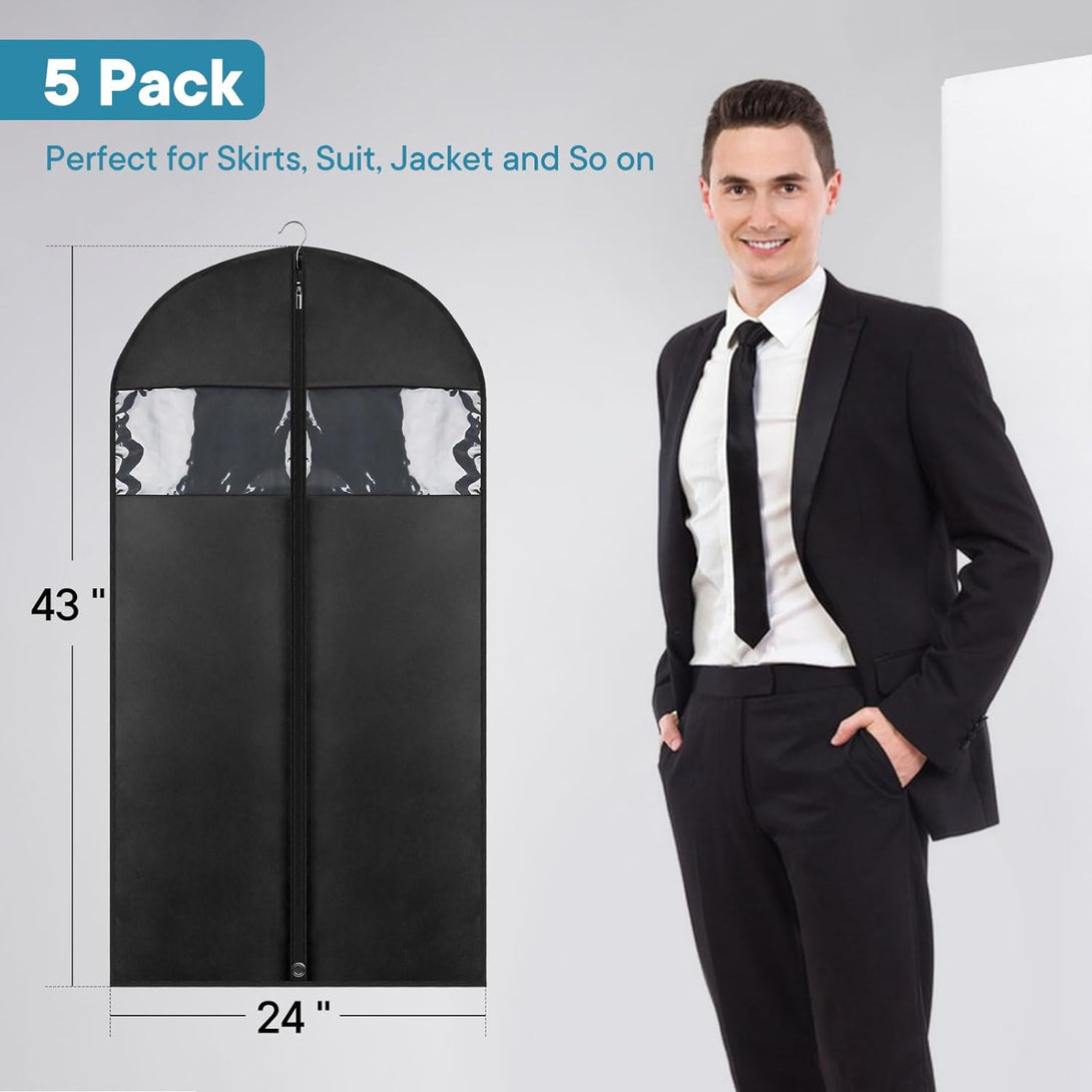 5 Pack - Moucas 43" Black Garment Bag, Mens Suit Bags for Closet Storage and Travel, Garment Bags for Hanging Clothes, Suit Cover Bags with Zipper for Coats, Jackets, Shirts