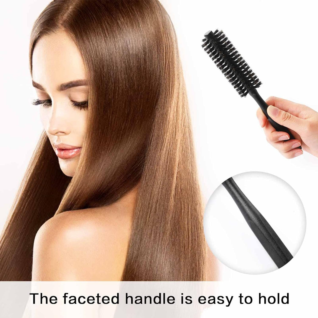 Round Mini Portable Curling & Beard Hair Brush with Natural Wooden Handle - Boar Bristle Blow Drying & Styling Brush for Women and Men