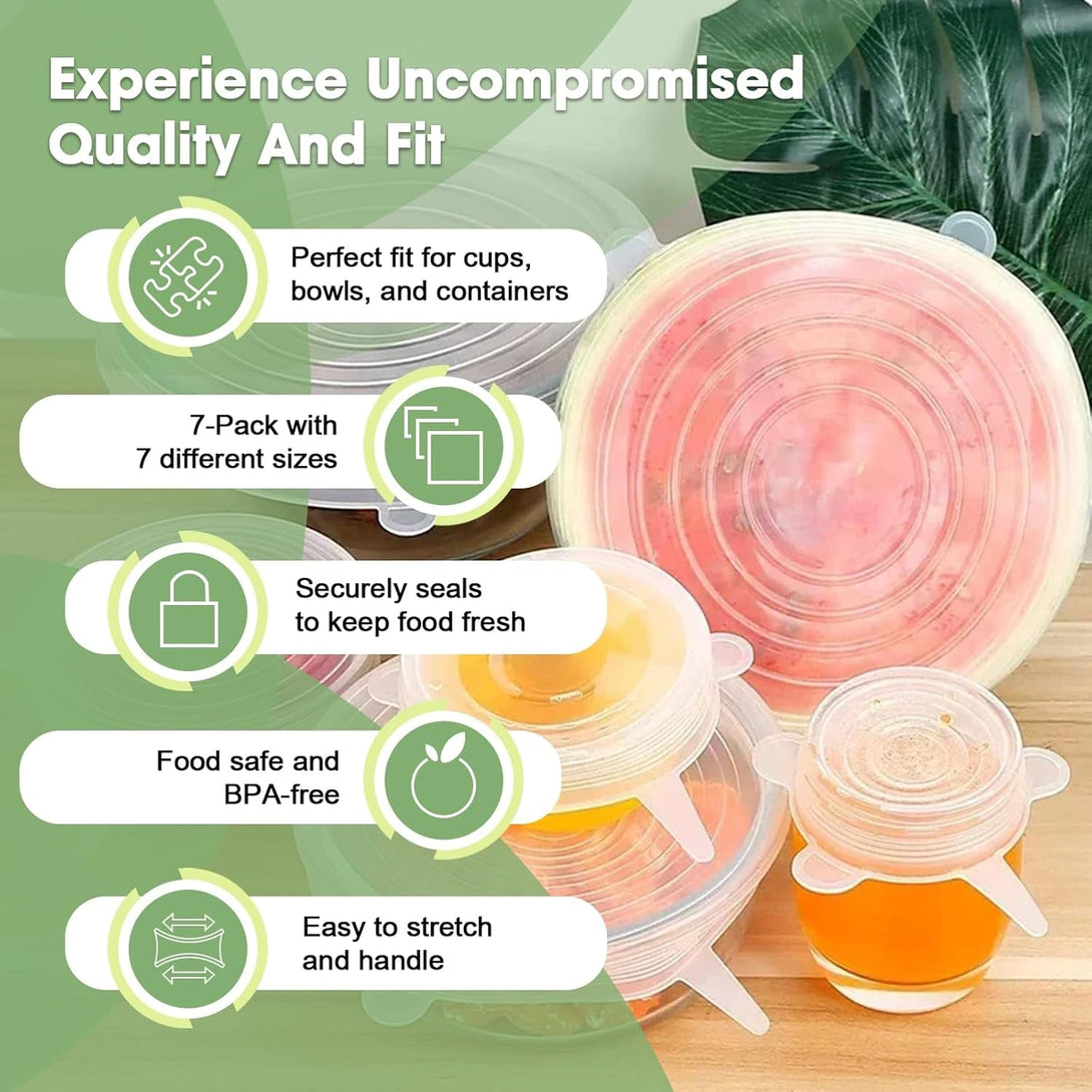 7-Piece Silicone Stretch Lids - Reusable Premium Silicone Stretch & Seal Lids for Most Containers