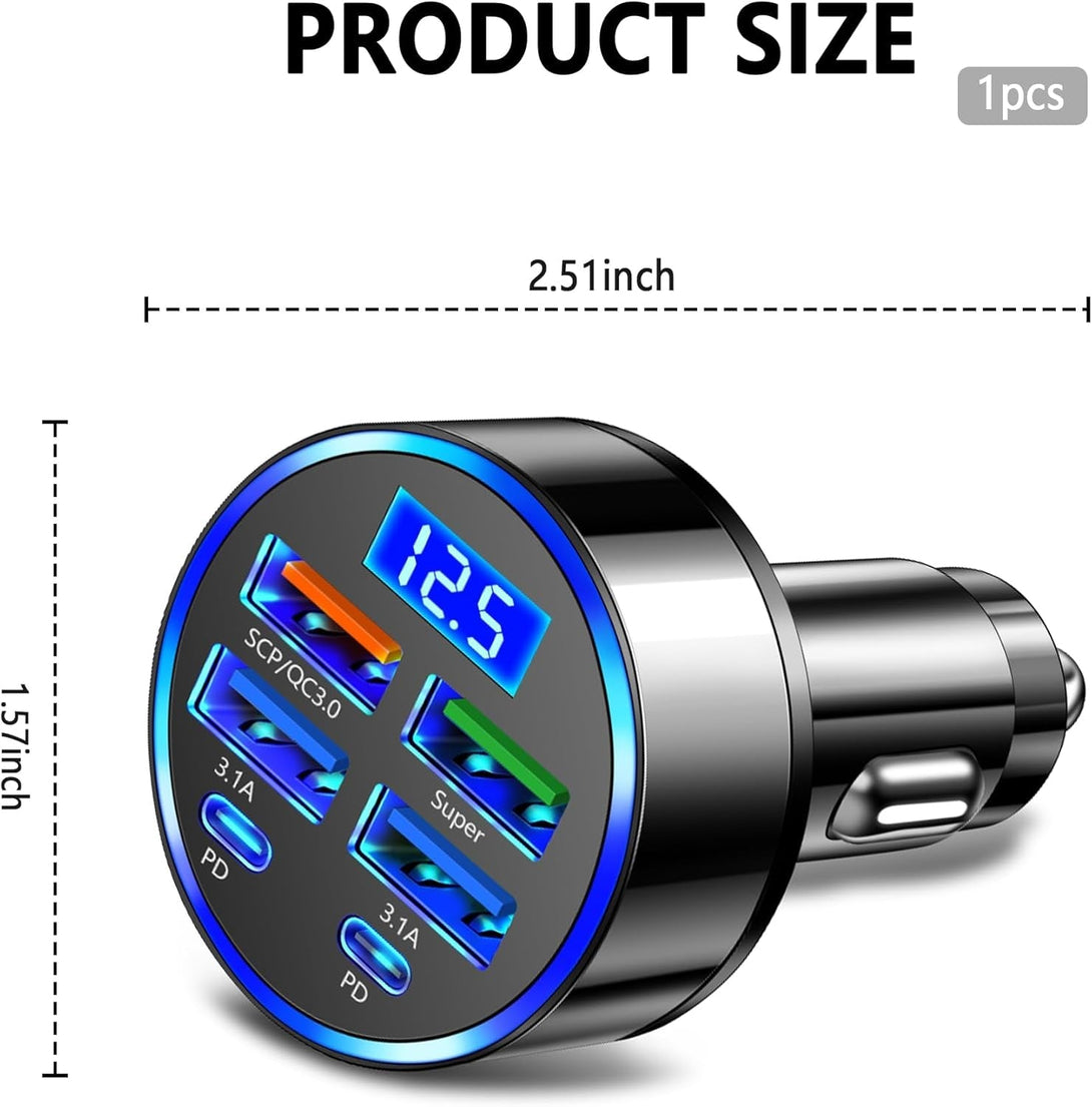 6 Ports Fast Car Charger with Voltage Monitor,Car Cigarette Lighter USB Charger (PD+QC3.0) Compatible with Iphone13/14/15 & Most Android Models,Car Must Haves USB C Car Charger (1PCS)